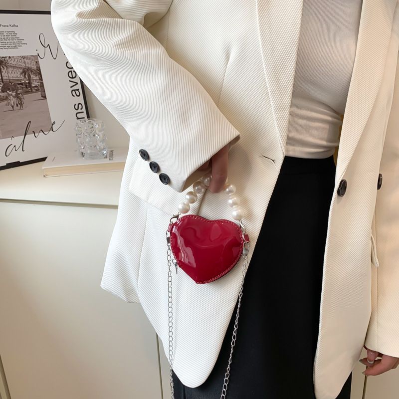Borsa a tracolla da donna in stile coreano con mini borsa a mano e perle a forma di cuore, portamonete color rossetto_voghion.com