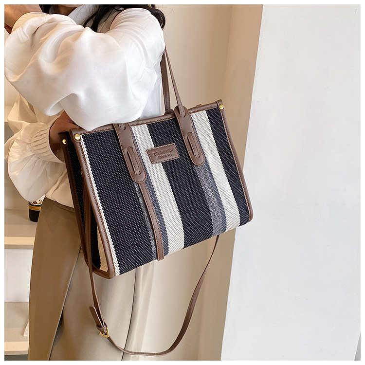 Nowa torba z grubej bawełny o dużej pojemności płócienna torba damska transgraniczny handel zagraniczny kontrastowy kolorowy pasek torba na ramię trend w modzie torba listonoszka_voghion.com