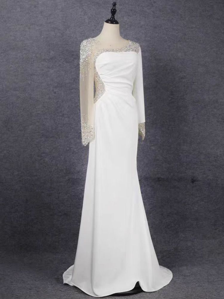 Host Elegant Evening Dress Light Luxury Niche White Long Sleeve Annual Meeting Temperament Conductor Performance Costume_voghion.com