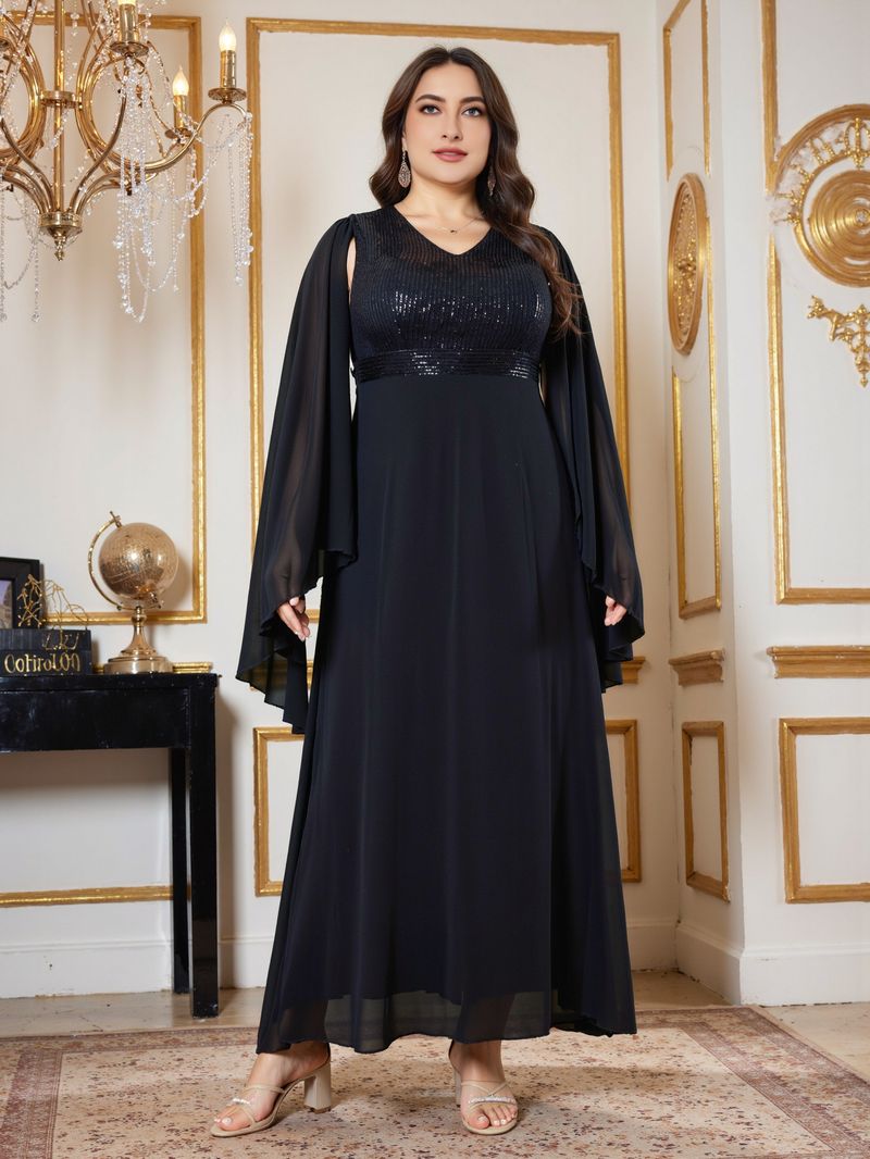 Elegante abito da sera taglie forti con scollo a V profondo e perline - Abito a trapezio con maniche lunghe per feste, balli di fine anno e occasioni speciali (nero, 0XL-4XL)_voghion.com