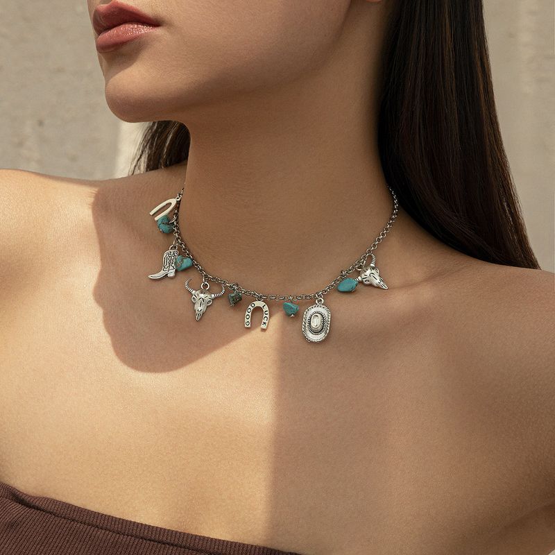 Cappello da cowboy in stile western, collana multistrato turchese per donna, collana versatile con piatto di fiori retrò_voghion.com