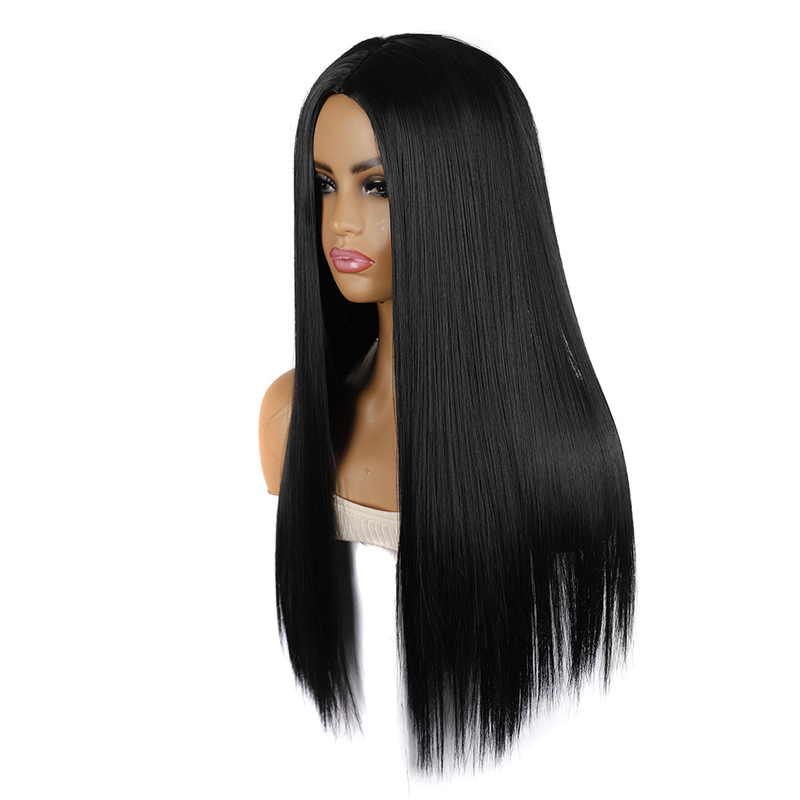 Synthetische Perücke. Schwarzes Stirnband mit geteilter Länge, glattes Haar, komplette Damenperücke aus synthetischen Fasern_voghion.com