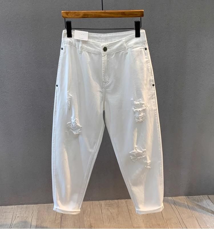 Men's White Distressed Slim Straight Jeans - Relaxed Fit Casual Streetwear With Micro Flare & Nine-Length Design For Summer_voghion.com
