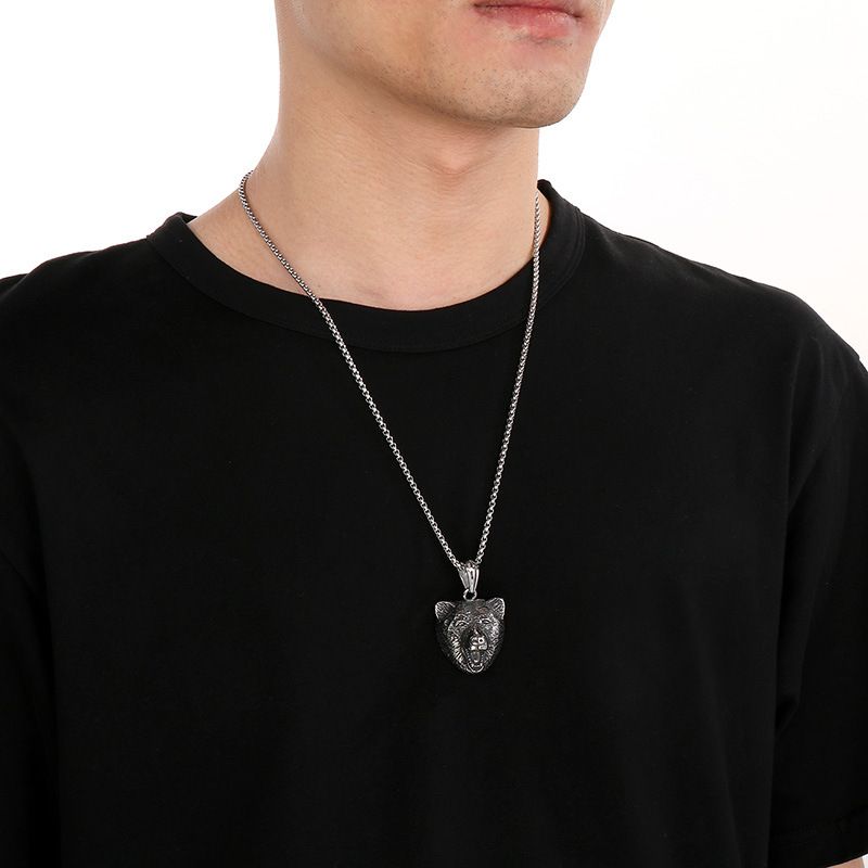 Collana antica a forma di animale da uomo, stile punk, con ciondolo a forma di testa di leone, testa di lupo, volpe, acciaio al titanio_voghion.com