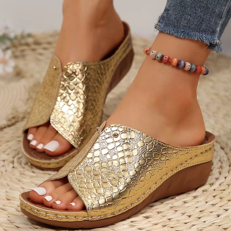 Plus Size One-Strap Thick-Soled Peep-Toe Sandals For Women With Stone Pattern Wedge Heel Beach Slippers_voghion.com