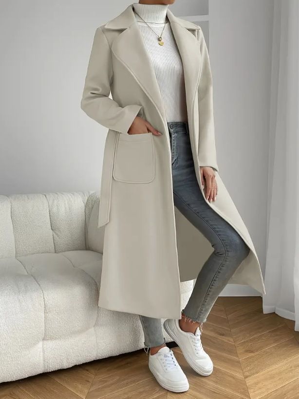 Eleganter Mantel in Wolloptik mit Gürtel – Revers, Slim Fit, lang (S-XXL, Creme)_voghion.com