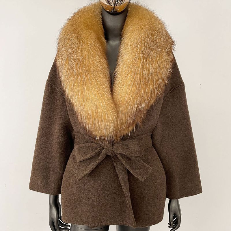Kurzer Wollmantel für Damen mit Fuchspelzkragen – doppelseitige, übergroße Trenchcoatjacke, lässige, elegante Oberbekleidung, Winterblazer mit Gürtel (S/M)_voghion.com