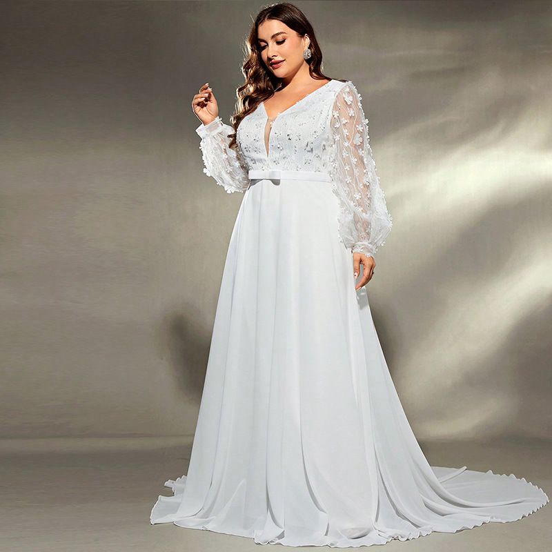 Elegantes Abendkleid mit V-Ausschnitt und langen Ärmeln für Damen – Abendkleid in Übergröße für Hochzeit, Bankett und Party_voghion.com