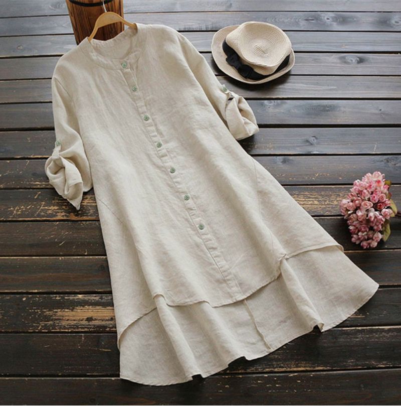 Women's Clothing Spring And Summer Solid Color Button Cotton And Linen Long Sleeve Long Shirt_voghion.com