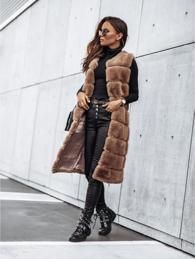 Women's autumn and winter long round neck fur vest coat_voghion.com