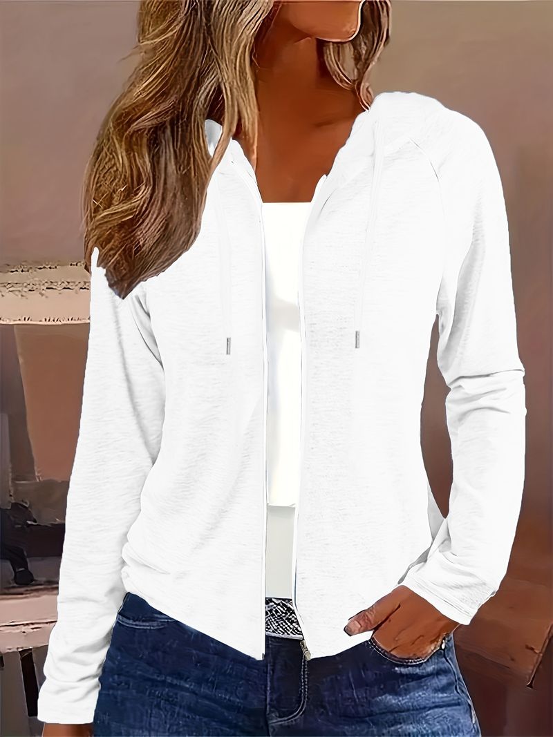 Giacca con cappuccio e cerniera da donna – Pullover leggero a maniche lunghe in misto poliestere-spandex, stile casual con tasche anteriori, bianco/nero/azzurro cielo_voghion.com