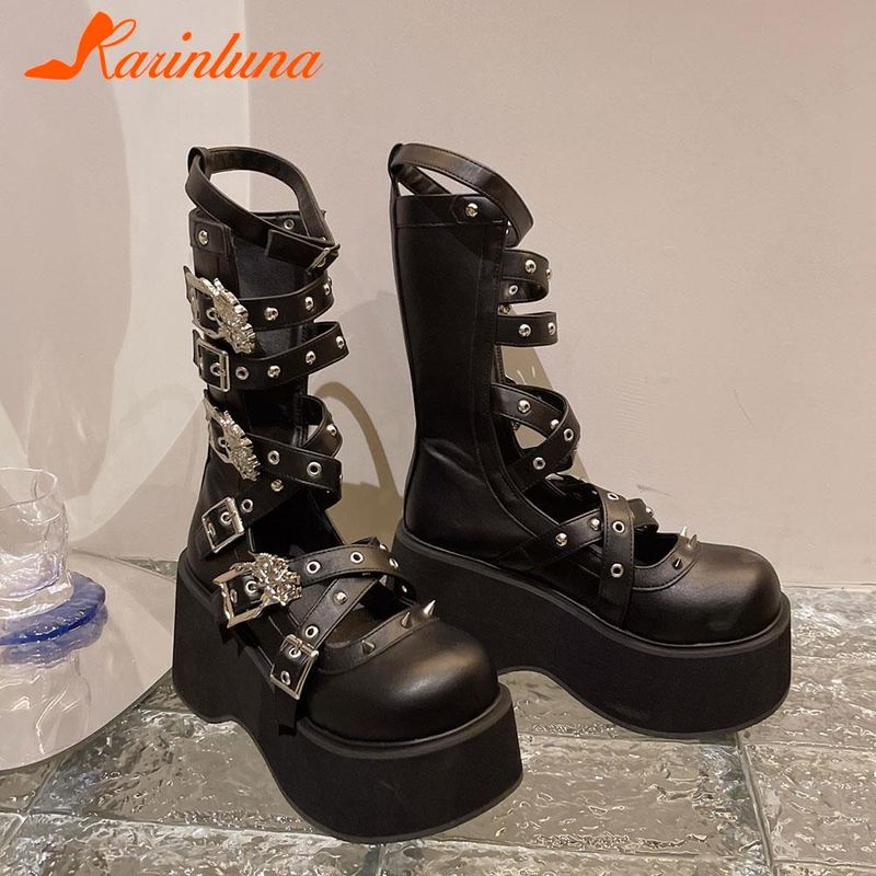 Punk Gothic Style Platform Mary Jean Shoes New Fashion Brand 2023 Spring Summer Round Toe Buckle-Sandals Boot Party Role-Play_voghion.com