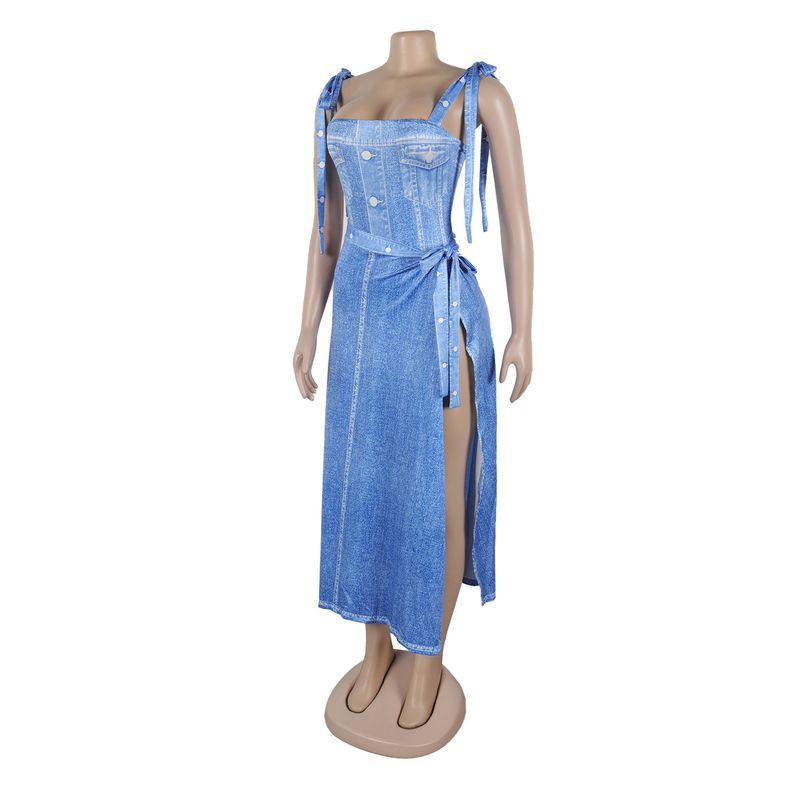 Traje de dos piezas con estampado de posicionamiento de mezclilla azul con hombros descubiertos sexy para mujer_voghion.com