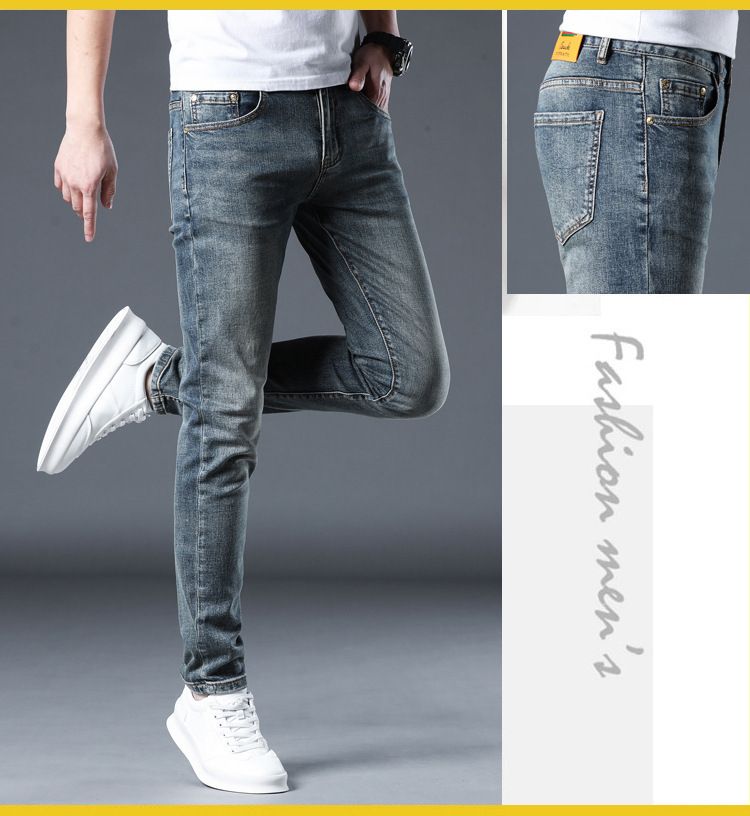 Men's clothing Four Seasons Jeans Men's Spring and Summer New Light Blue Scratched Personalized Small Leg Pants Slim Men's Pants_voghion.com