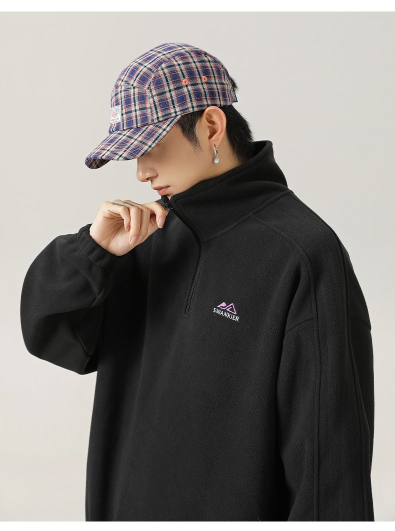 Men's Half-Zip Stand Collar Heavyweight Fleece Sweatshirt With Letter Embroidery, Thickened Casual Pullover For Spring_voghion.com