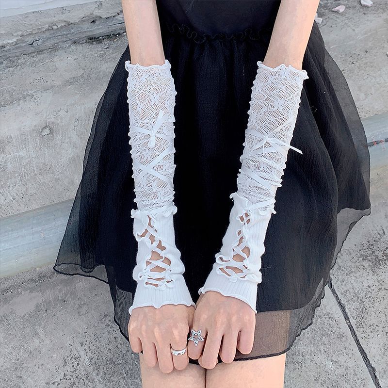 Guantes finos de verano con cordones estilo ballet Lolita, con mangas de encaje blanco, estilo Spice Girls, para mujer_voghion.com