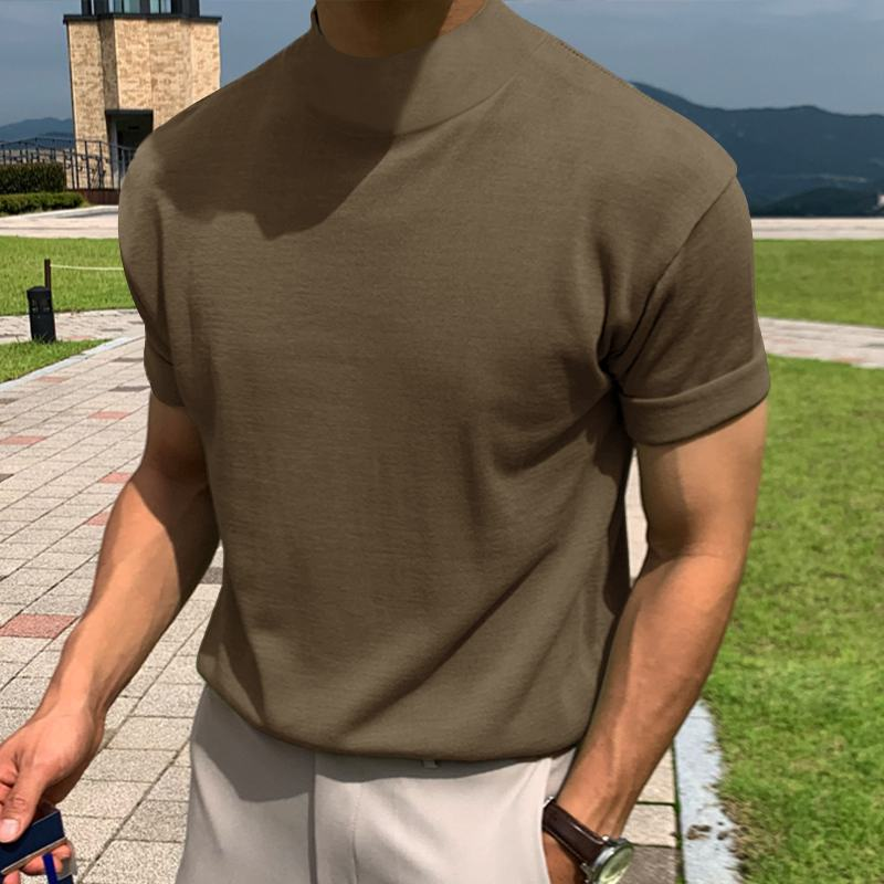 Maglietta a maniche corte con collo alto, tinta unita, da uomo, versione coreana, estate 2025_voghion.com