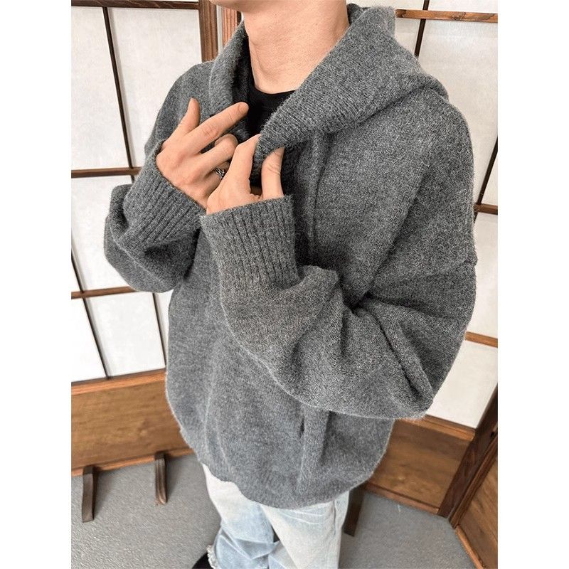 Grauer Kapuzenpullover im amerikanischen Stil für Herren, Herbst und Winter, Lazy Style, High-End-Feeling, Cleanfit-Strickpullover,_voghion.com