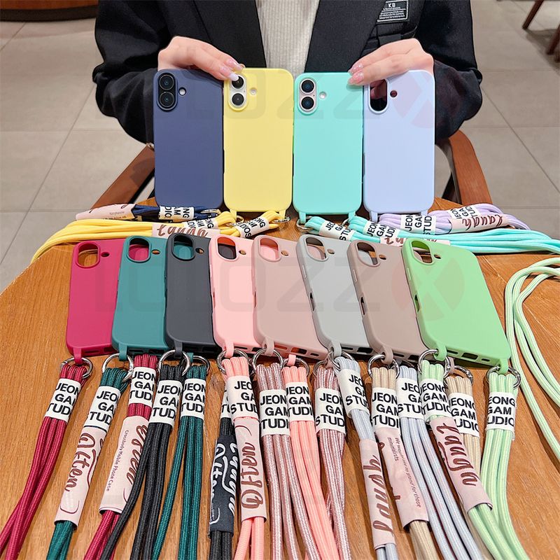 Crossbody Necklace Strap Cord Matte Soft Phone Case For iPhone 16 15 Pro Max 14 Plus 13 12 11 Liquid Silicone Shockproof Cover_voghion.com