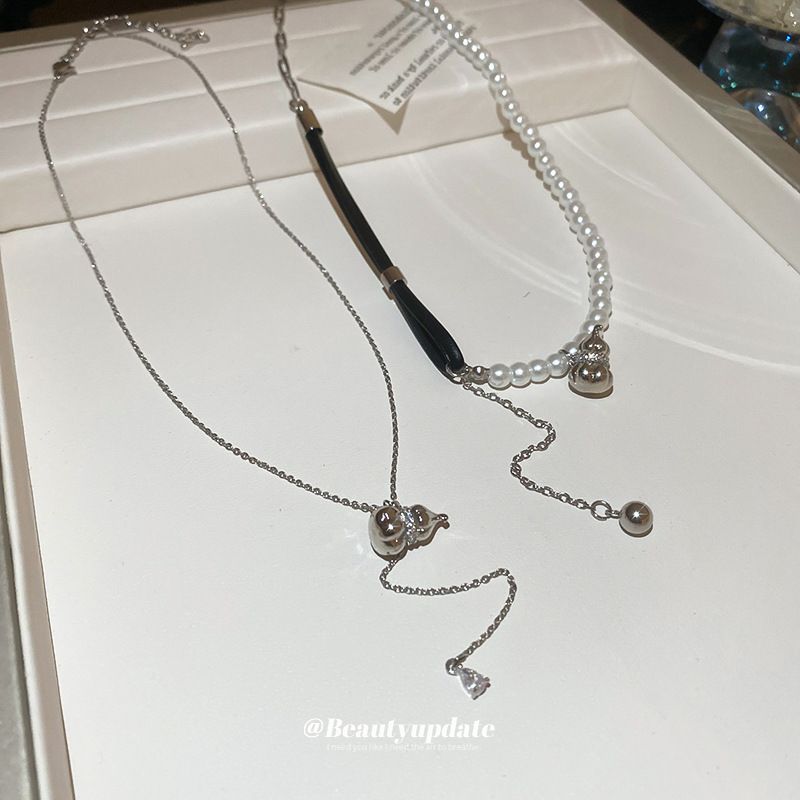 Titanium Steel Pearl Leather Zircon Gourd Pendant Accessories High-end Fashion Collarbone Chain New Necklace_voghion.com