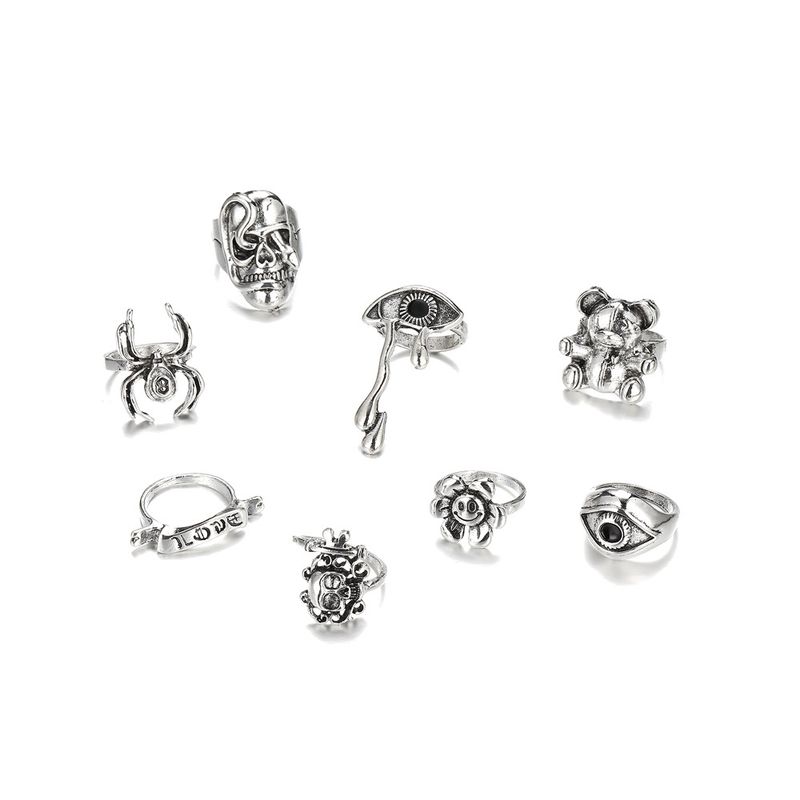 Personalisiertes übertriebenes Augen-, Tränen-, Spinnenpuppen-, Totenkopf-, lächelndes Gesicht- und Blumenset mit 8 Ringen_voghion.com