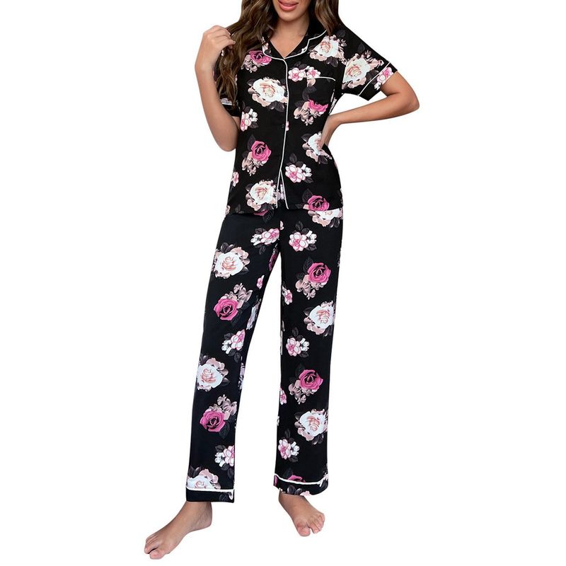 Pyjama Dames Zomer Plantenprint Korte Mouw Shirt Lange Broek Tweedelige Set Huiskleding Pamas_voghion.com