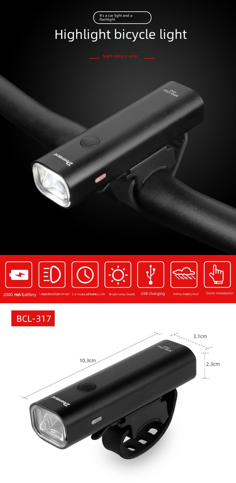 Fietslamp auto koplamp nachtrit USB opladen 400LM verlichting aluminiumlegering behuizing fietslamp achterlicht_voghion.com