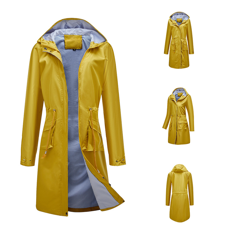 Trench casual da donna K Long con cappuccio, impermeabile, tinta unita con fodera a righe, cappotto dritto._voghion.com