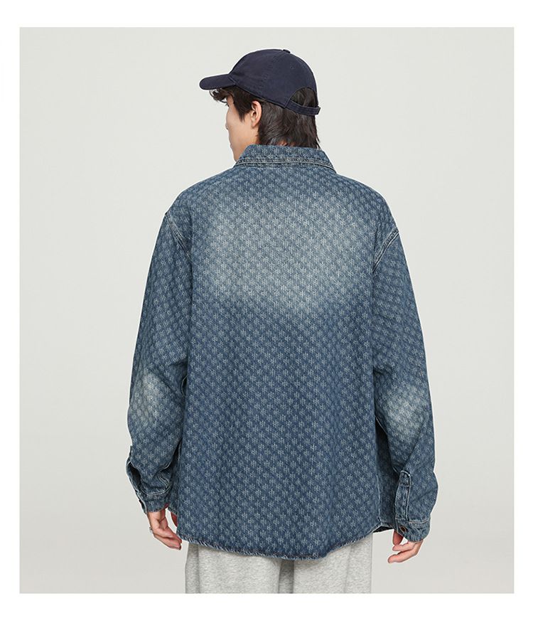 Herrkläder Höstnya Löstvättad gammal jeansskjorta Långärmad herrskjorta Jacquardjacka_voghion.com