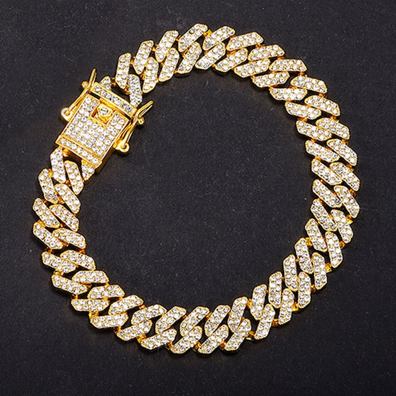 Bracciale a catena cubana con maglie cubane a griffe, stile hip hop, da uomo e da donna, con 2 file di strass, da 13 mm, ghiacciato, con pavé di Miami e rombi._voghion.com