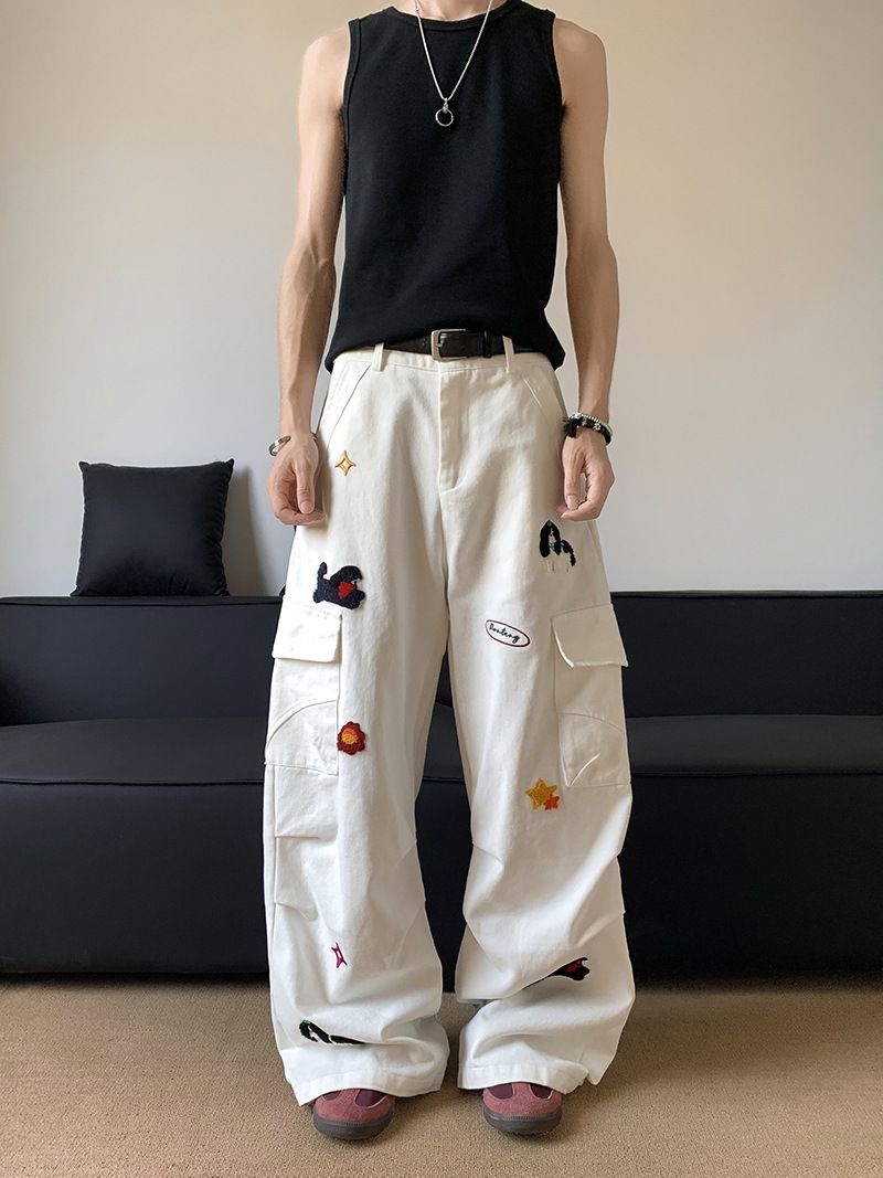 Herrenbekleidung Vintage American Embroidered Dog Weiße Cargo-Jeans für Männer - High Street Loose Straight Leg Hose Embroidered Dog Weiß_voghion.com