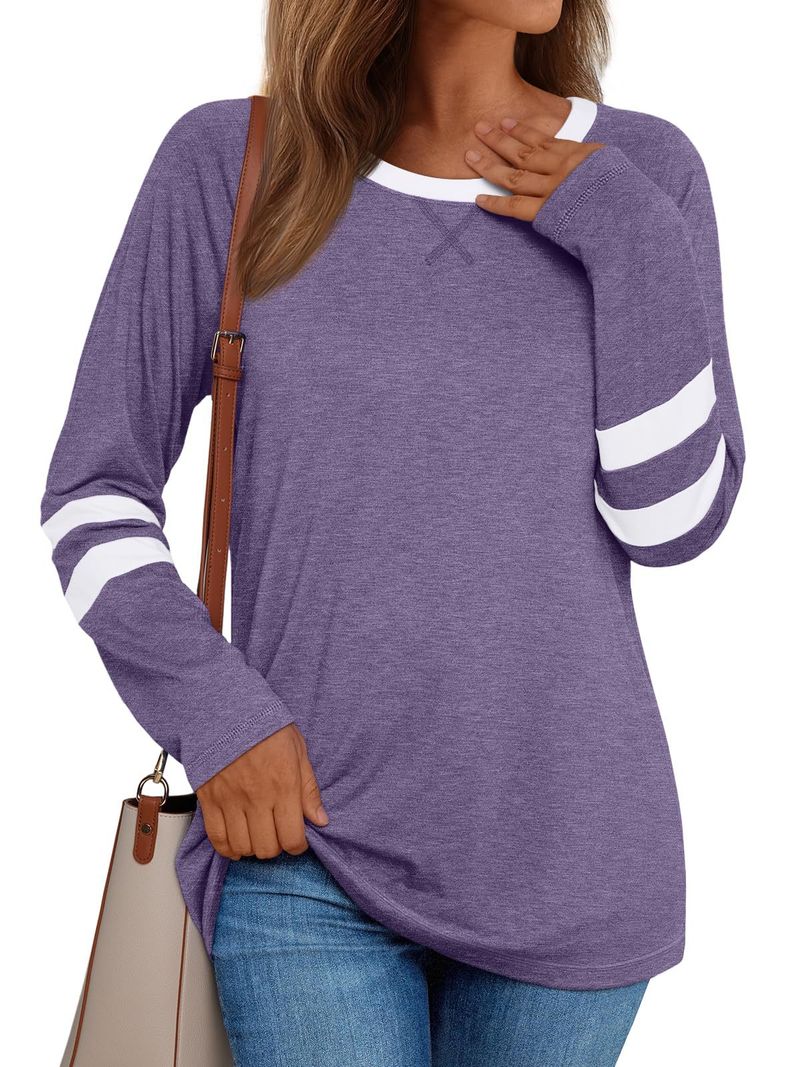 2025 Basic Shirt Color-Block Long Sleeve T-Shirt Loose Round Neck Top Women's Autumn Fashion_voghion.com