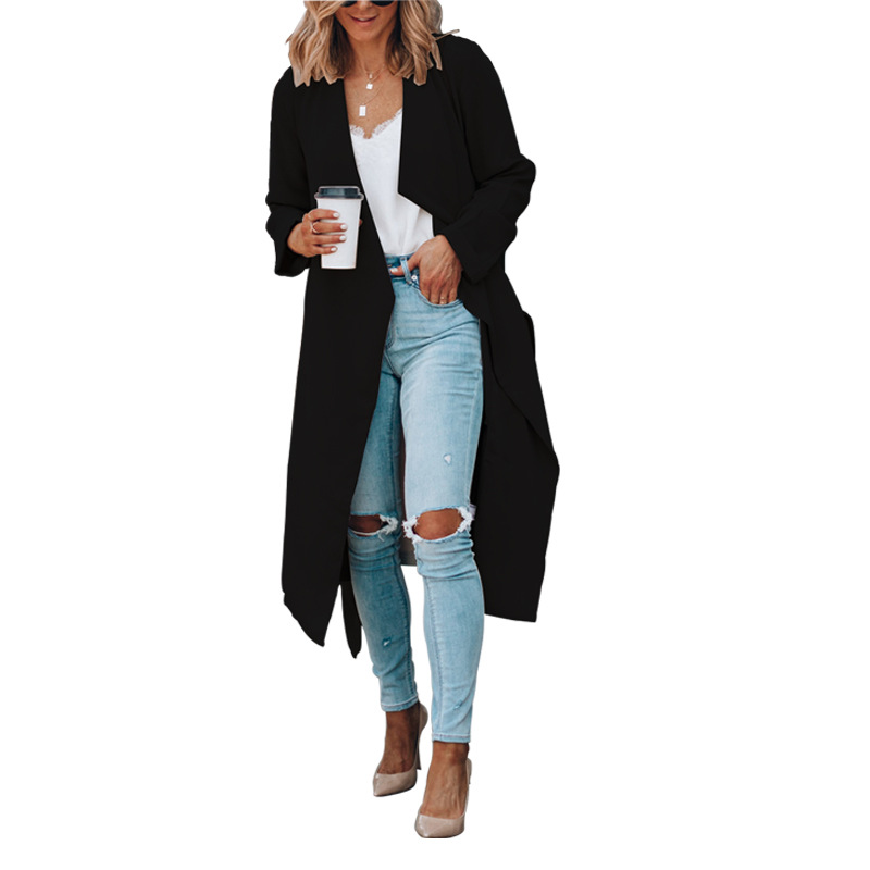 Abbigliamento da donna giacca a vento casual lunga autunno e inverno con risvolto tinta unita_voghion.com