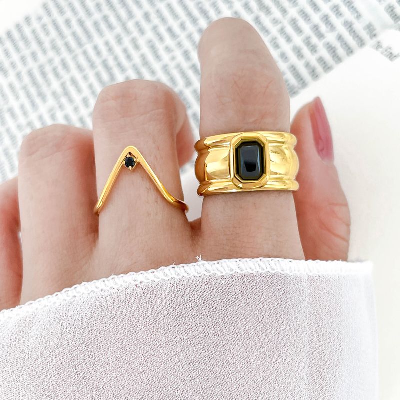 Mysterious Black Zircon Inlaid Wide Version Index Finger Pointed Small Open Thin Diamond Water Drop Ring Titanium Steel_voghion.com