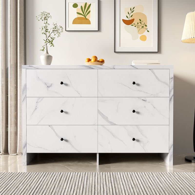 Credenza 120 cm Mit Marmor-Optik, 6 Schubladen, Schwarzem Holzgriff_voghion.com