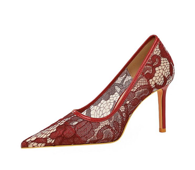 Banquet women's shoes slim high heels shallow mouth pointed stilettos high heels mesh hollow lace high heels single shoes_voghion.com