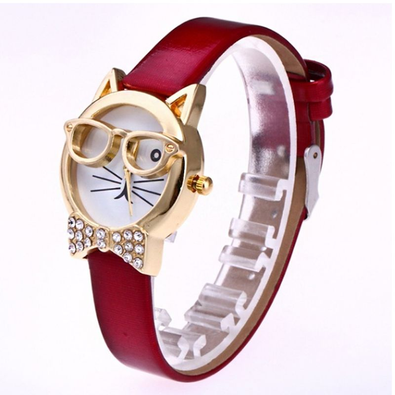 Yamaler Cute Cat Face Rund Skift Rhinestone Kunstlæder Kvinder Analog Quartz Armbåndsur_voghion.com