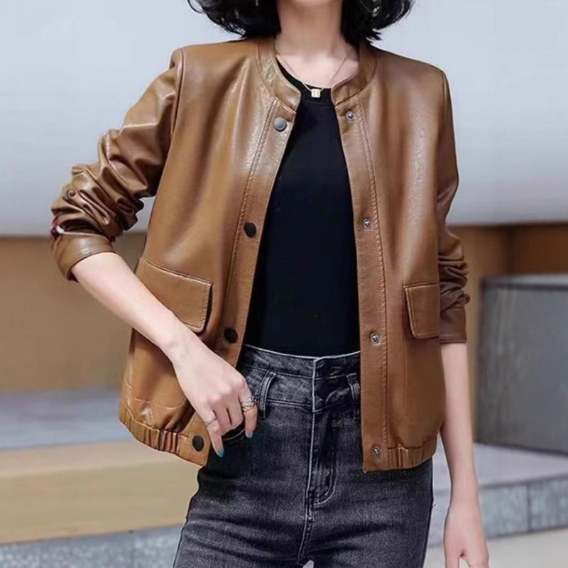 Kurz für Frauen 2025 Frühling Neue modische elegante vielseitige Petite PU Lederjacke Top_voghion.com
