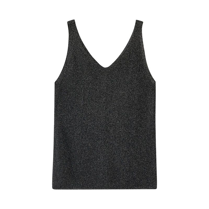 Colete feminino com alças para primavera e verão, combinado com uma camiseta brilhante e uma blusa justa e sexy de malha de seda gelada com decote em V para o verão_voghion.com