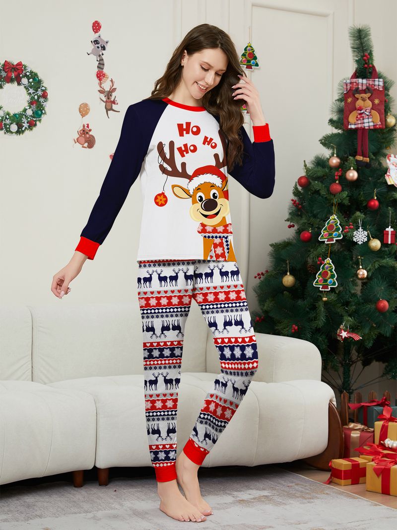 Europäische und amerikanische Eltern-Kind-Heimkleidung. Neues Weihnachtshirsch-Eltern-Kind-Set für vier- oder fünfköpfige Familie. Rundhalsausschnitt, langärmliger bedruckter Pyjama_voghion.com
