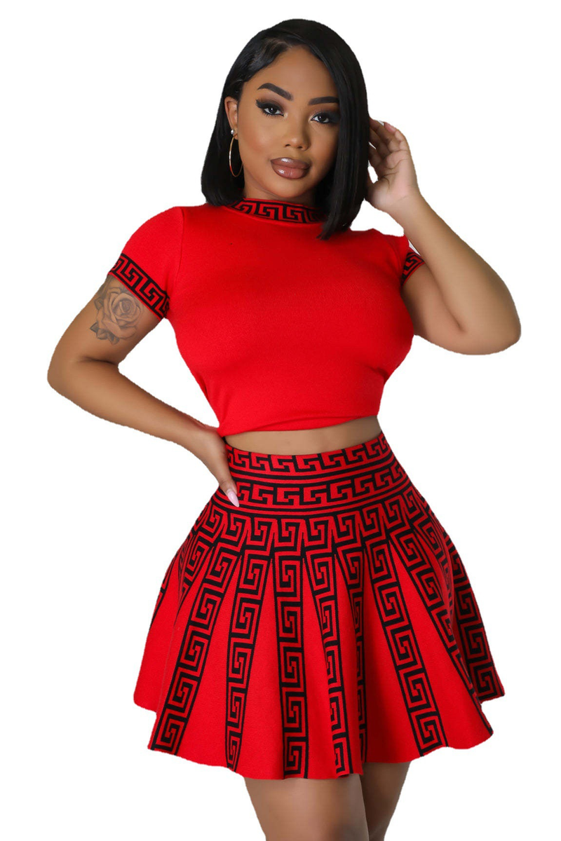 Vêtements pour femmes Mode col rond manches courtes plissé deux pièces tricoté imprimé pour femmes_voghion.com