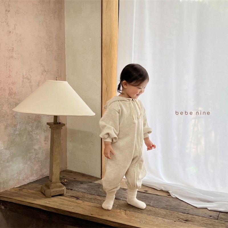 Baby Cotton Soft Oblique Zipper Hooded Long Sleeved Sweater Jumpsuit Korean Version Of The Baby Jumpsuit_voghion.com