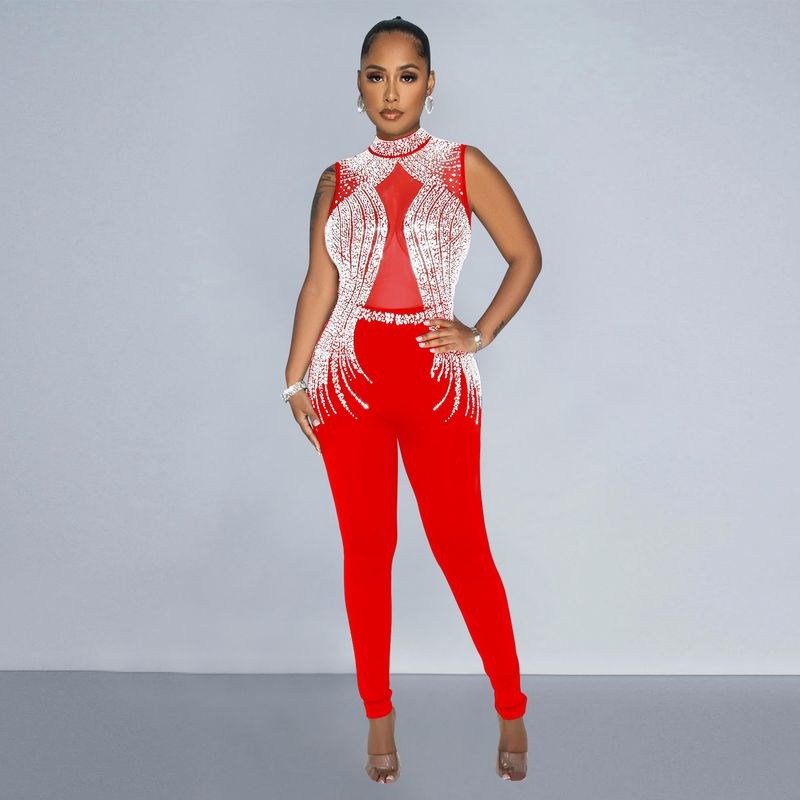 Vêtements pour femmes mode femmes couleur unie maille presse perceuse sans manches pantalon combinaison_voghion.com
