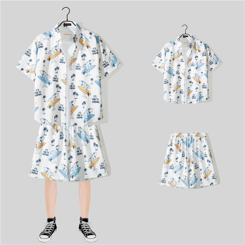 Hawaii Beach Vacation For Men Loose Plus Size Couple Trendy Short Sleeve Floral Shirt Casual Two-Piece Set_voghion.com