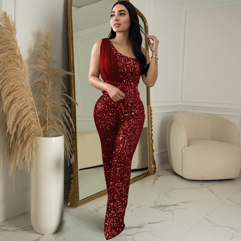 Damesmode dames effen kleur mouwloze one-shoulder lovertjes broek jumpsuit Nieuwjaar avondjurk_voghion.com