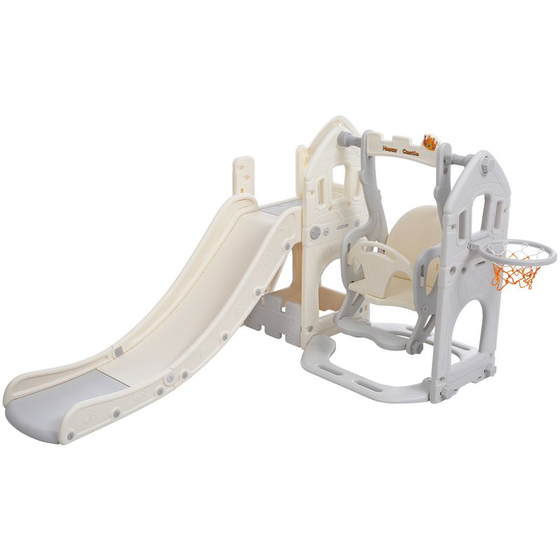 Ensemble de toboggan 5 en 1 pour enfants avec balançoire, escalade, rangement et cadre de basket-ball, toboggan intérieur et balançoire combinés pour enfants_voghion.com