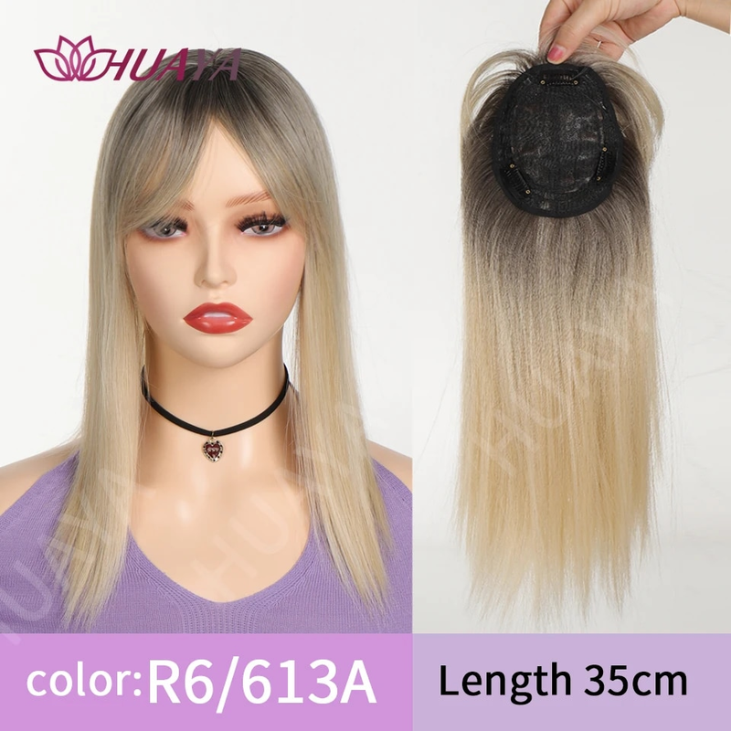 Synthetische lange gerade Topper-Perücke in Extensions, natürliches, flauschiges Kunsthaarteil mit Pony-Clip, Schwarzbraun_voghion.com