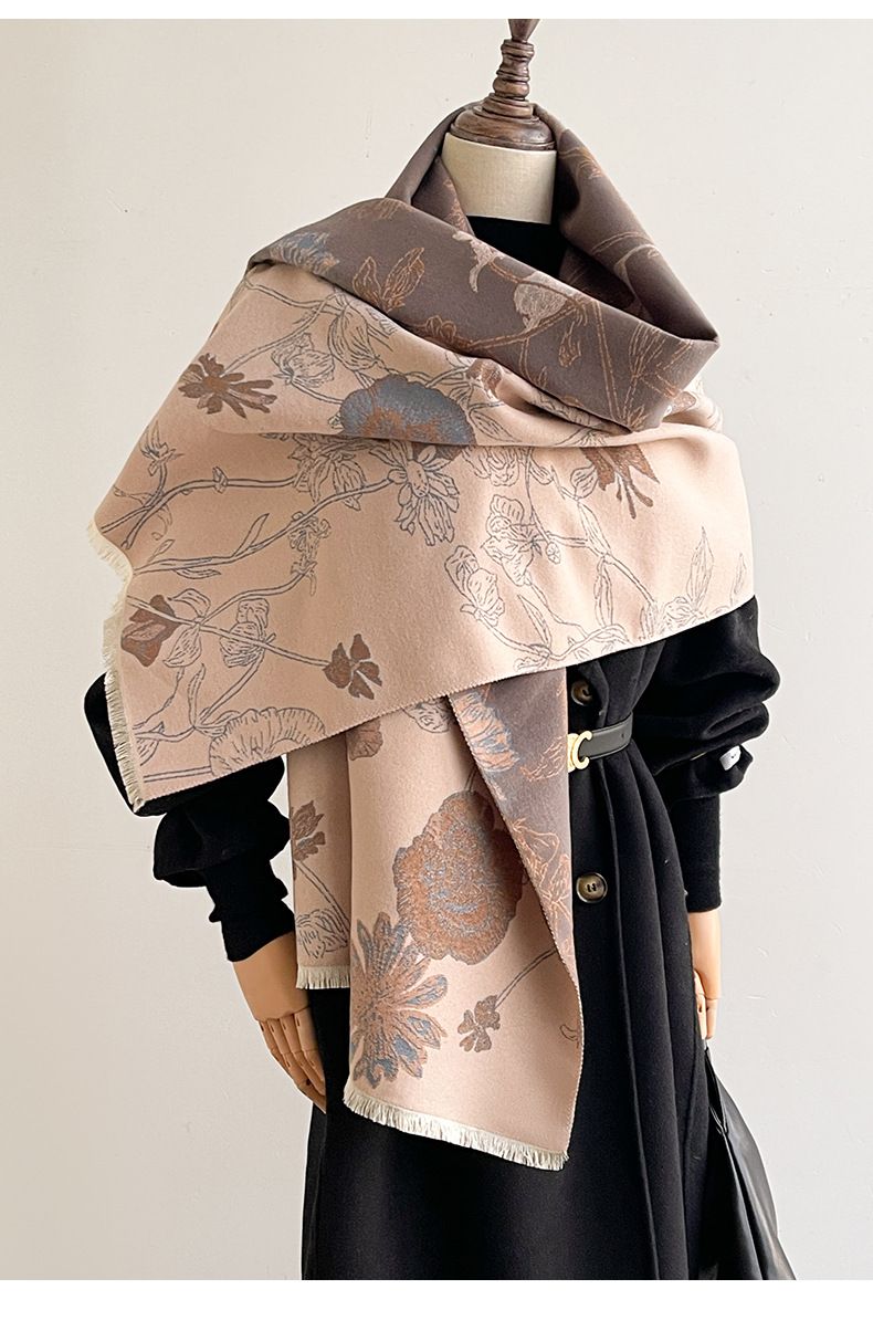 Dwustronny szal z imitacji kaszmiru – zimowy, ciepły, kwiatowy szal dla kobiet i na prezent (w stylu koreańskim, dwustronny, miękki i przytulny)_voghion.com