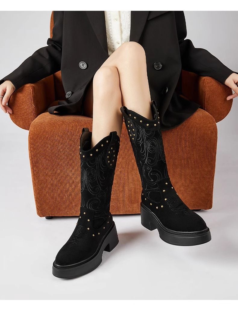 Damenschuhe Retro Spitzschuh Damenstiefel Dicker Absatz Ärmel Ritterstiefel Herbst Neue bestickte Stiefel mit mittlerer Wade Western Cowboystiefel_voghion.com
