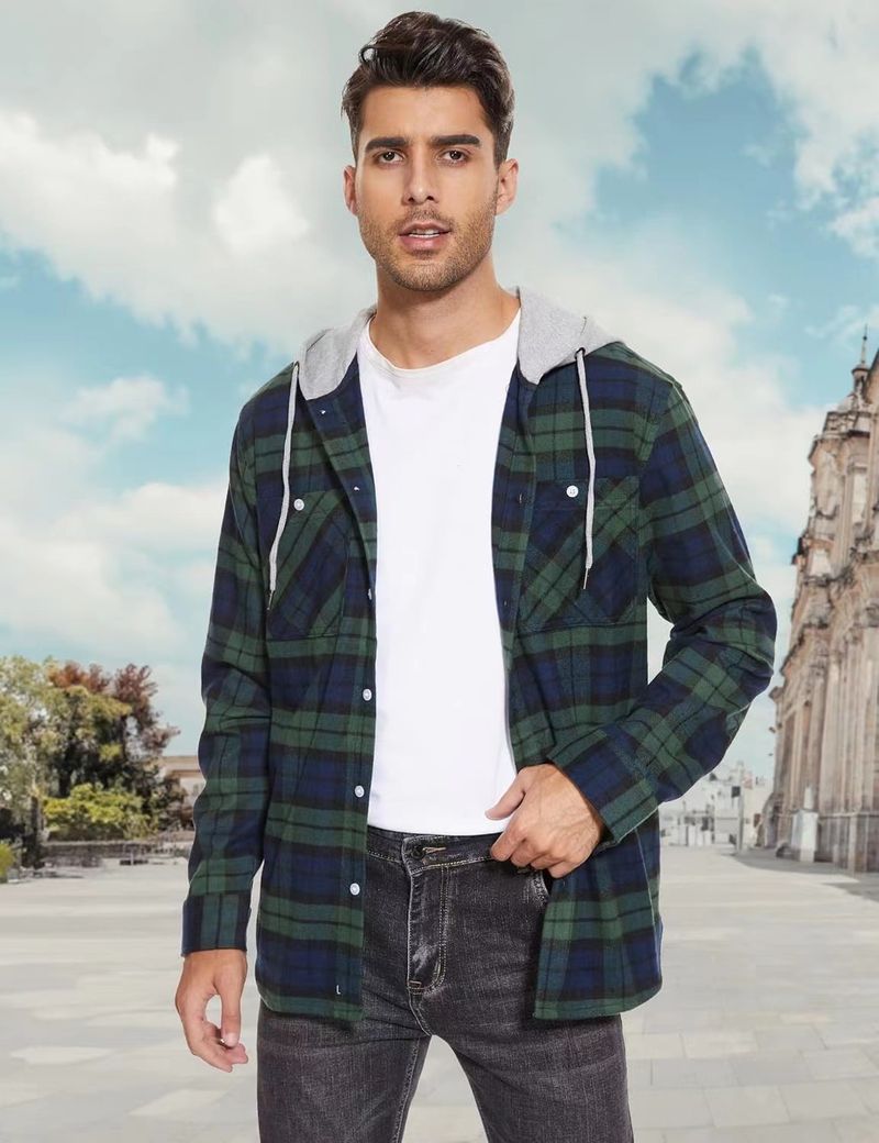 Herrenbekleidung Herbst und Winter Heißes Herren Flanellhemd Baumwolle Langärmliges Kariertes Hemd Lässiges Kapuzenhemd_voghion.com